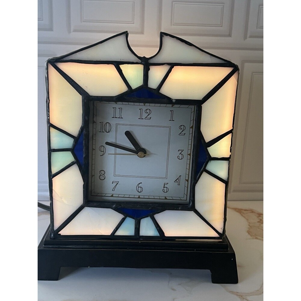 Vintage Stained Glass Lighted Mantel Clock Lamp Tiffany Style Working Blue